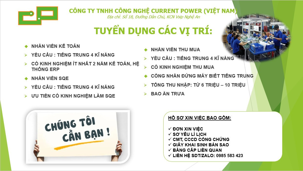 Công ty TNHH Công nghệ Current Power (Việt Nam) tuyển dụng