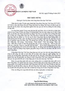 Thư chúc mừng kỷ niệm 70 năm Ngày thành lập Công đoàn Giáo dục Việt Nam của đ/c Nguyễn Đình Khang - Chủ tịch Tổng Liên đoàn Lao động Việt Nam