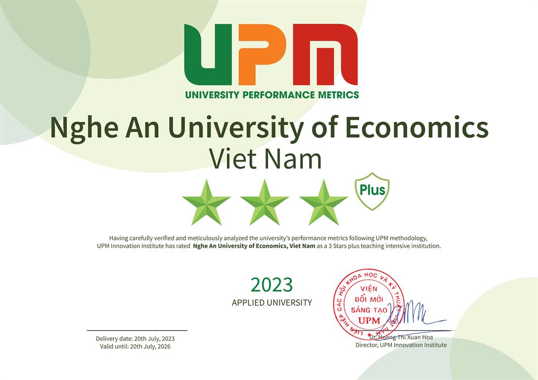 Trường Đại học Kinh tế Nghệ An đạt chuẩn 3 sao PLUS trong hệ thống xếp hạng UPM
