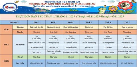  Thực đơn bán trú tuần 01 tháng 11/2025 