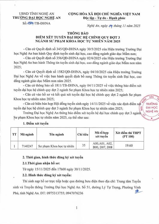 Thông báo tuyển sinh bổ sung đợt 3 hệ đại học chính quy ngành Sư phạm Khoa học Tự nhiên