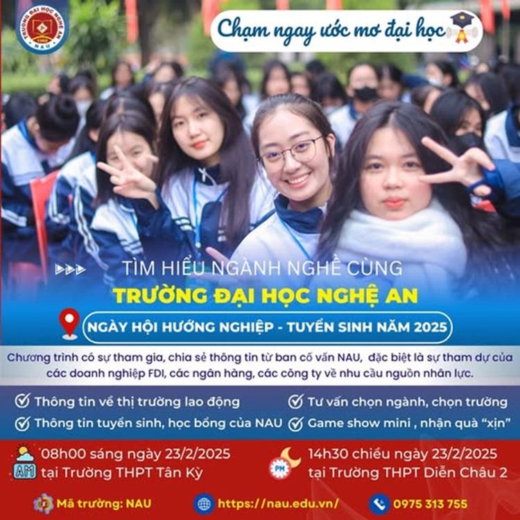 Sự kiện sắp diễn ra: “Ngày hội tư vấn Hướng nghiệp - Tuyển sinh năm 2025” tại huyện Tân Kỳ và huyện Diễn Châu, tỉnh Nghệ An.