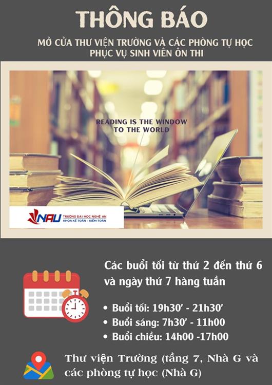 Thông báo mở cửa thư viện trường và các phòng tự học phục vụ sinh viên ôn thi