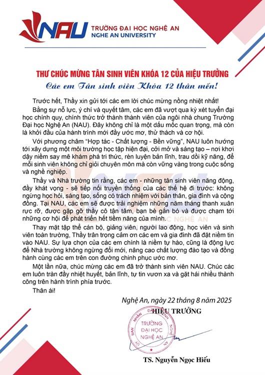 Thư chúc mừng tân sinh viên Khóa 12 của Hiệu trưởng