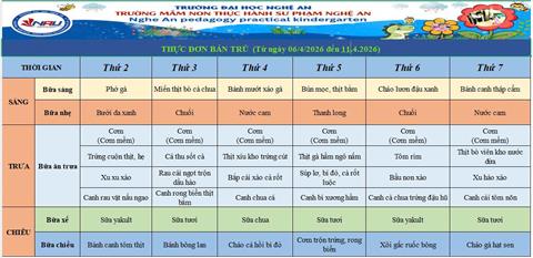 Thực đơn bán trú từ ngày 06/4/2026 đến ngày 11/4/2026