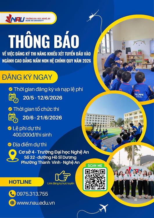Thông báo về việc đăng ký thi năng khiếu xét tuyển đầu vào ngành Cao đẳng Mầm non hệ chính quy năm 2026